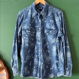 Lands' End Womens Blue Floral Womens XL/18 Denim Button Down Shirt Clasiic Layer